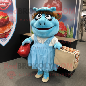 Sky Blue Pulled Pork Sandwich mascot costume character dressed with a Cocktail Dress and Messenger bags