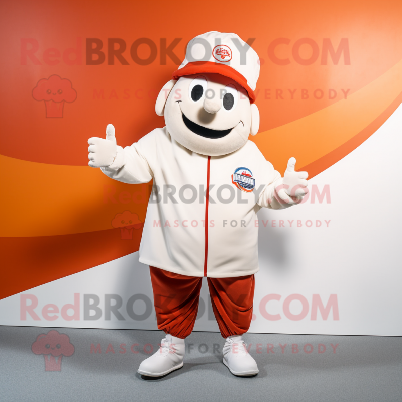 White Currywurst mascot costume character dressed with a Windbreaker and Hat pins White Currywurst mascot costume character dressed with a Windbreaker and Hat pins