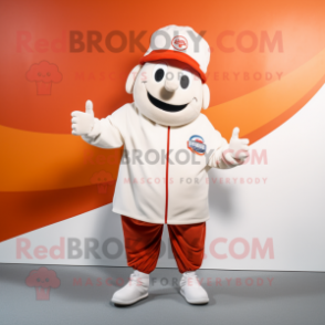 White Currywurst mascot costume character dressed with a Windbreaker and Hat pins