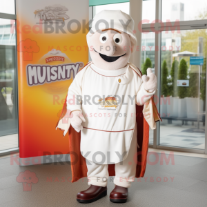 White Currywurst mascot costume character dressed with a Windbreaker and Hat pins