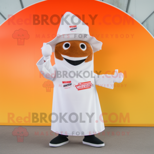 White Currywurst mascot costume character dressed with a Windbreaker and Hat pins