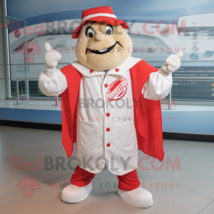 White Currywurst mascot costume character dressed with a Windbreaker and Hat pins