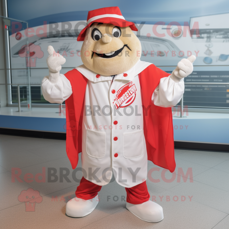 White Currywurst mascot costume character dressed with a Windbreaker and Hat pins White Currywurst mascot costume character dressed with a Windbreaker and Hat pins