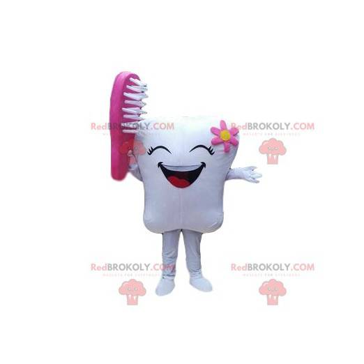 Laughing tooth mascot with a toothbrush, dentist costume -