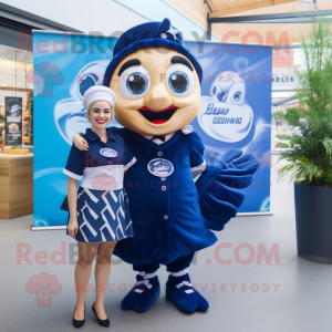Navy Fish And Chips mascot costume character dressed with a Midi Dress and Digital watches
