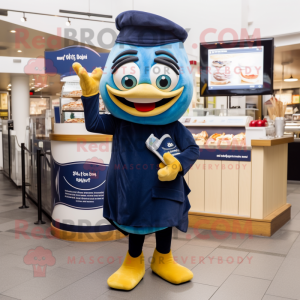 Navy Fish And Chips mascot costume character dressed with a Midi Dress and Digital watches