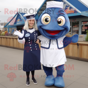 Navy Fish And Chips mascot costume character dressed with a Midi Dress and Digital watches