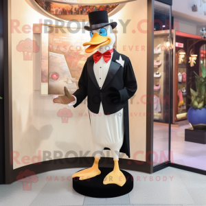 Tan Muscovy Duck mascot costume character dressed with a Tuxedo and Scarf clips