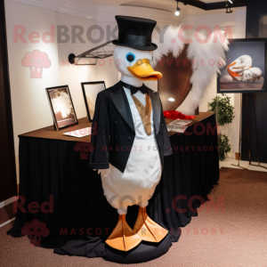 Tan Muscovy Duck mascot costume character dressed with a Tuxedo and Scarf clips