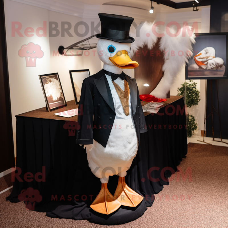 Tan Muscovy Duck mascot costume character dressed with a Tuxedo and Scarf clips Tan Muscovy Duck mascot costume character dressed with a Tuxedo and Scarf clips