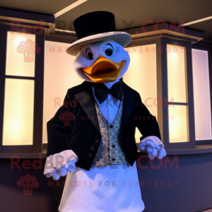 Tan Muscovy Duck mascot costume character dressed with a Tuxedo and Scarf clips