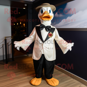 Tan Muscovy Duck mascot costume character dressed with a Tuxedo and Scarf clips