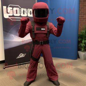 Maroon Gi Joe mascot costume character dressed with a Suit Pants and Suspenders