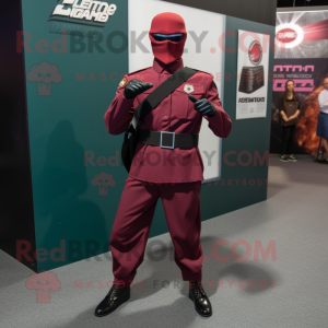 Maroon Gi Joe mascot costume character dressed with a Suit Pants and Suspenders