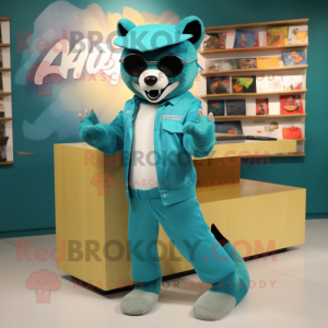Cyan Marten mascot costume character dressed with a Romper and Sunglasses