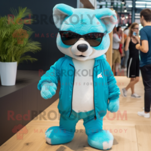 Cyan Marten mascot costume character dressed with a Romper and Sunglasses