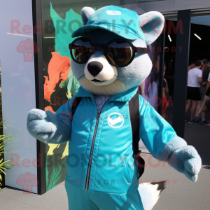 Cyan Marten mascot costume character dressed with a Romper and Sunglasses