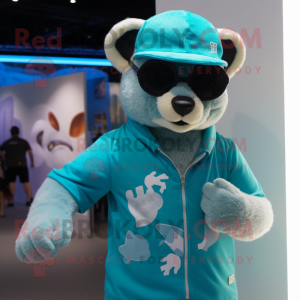 Cyan Marten mascot costume character dressed with a Romper and Sunglasses