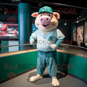 Teal Pig mascot costume character dressed with a Baseball Tee and Pocket squares