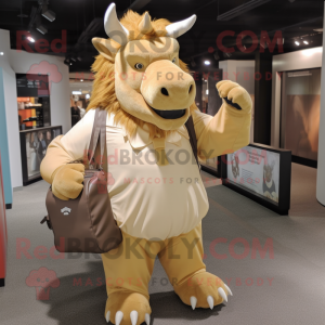 Gold Woolly Rhinoceros mascot costume character dressed with a Dress Pants and Messenger bags