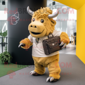 Gold Woolly Rhinoceros mascot costume character dressed with a Dress Pants and Messenger bags