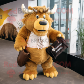 Gold Woolly Rhinoceros mascot costume character dressed with a Dress Pants and Messenger bags