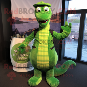 Lime Green Loch Ness Monster mascot costume character dressed with a Waistcoat and Wraps