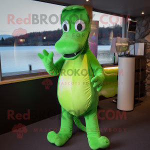 Lime Green Loch Ness Monster mascot costume character dressed with a Waistcoat and Wraps