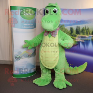 Lime Green Loch Ness Monster mascot costume character dressed with a Waistcoat and Wraps