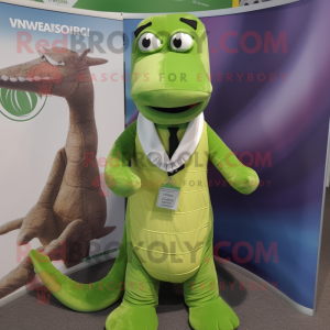 Lime Green Loch Ness Monster mascot costume character dressed with a Waistcoat and Wraps