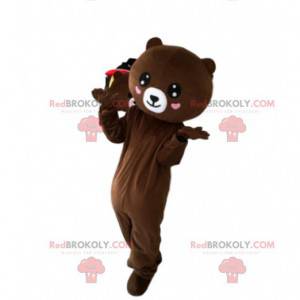 Mascota de peluche marrón con corazones, traje romántico -