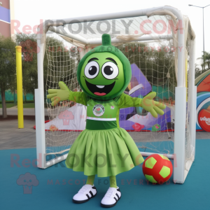 Olive Soccer Goal mascot costume character dressed with a Skirt and Rings