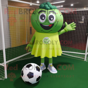 Olive Soccer Goal mascot costume character dressed with a Skirt and Rings