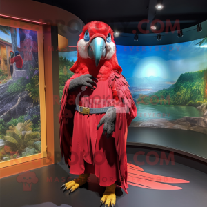 Maroon Macaw mascot costume character dressed with a Raincoat and Shawls