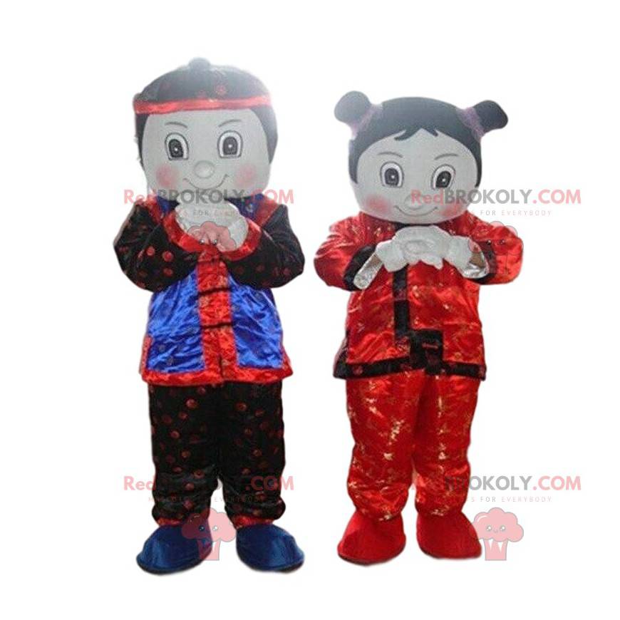 2 mascotes, um menino e uma menina, 2 personagens asiáticos -