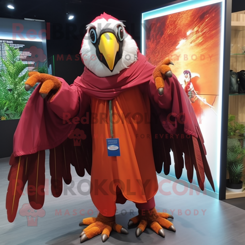 Maroon Macaw mascot costume character dressed with a Raincoat and Shawls