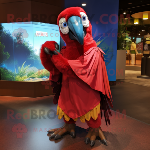 Maroon Macaw mascot costume character dressed with a Raincoat and Shawls