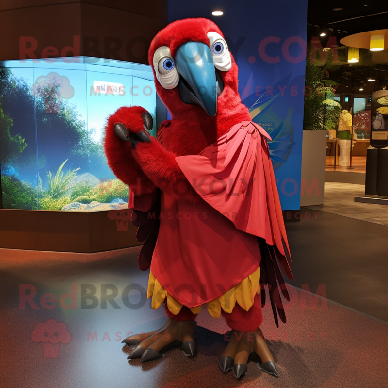 Maroon Macaw mascot costume character dressed with a Raincoat and Shawls Maroon Macaw mascot costume character dressed with a Raincoat and Shawls