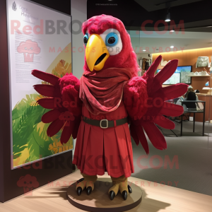 Maroon Macaw mascot costume character dressed with a Raincoat and Shawls