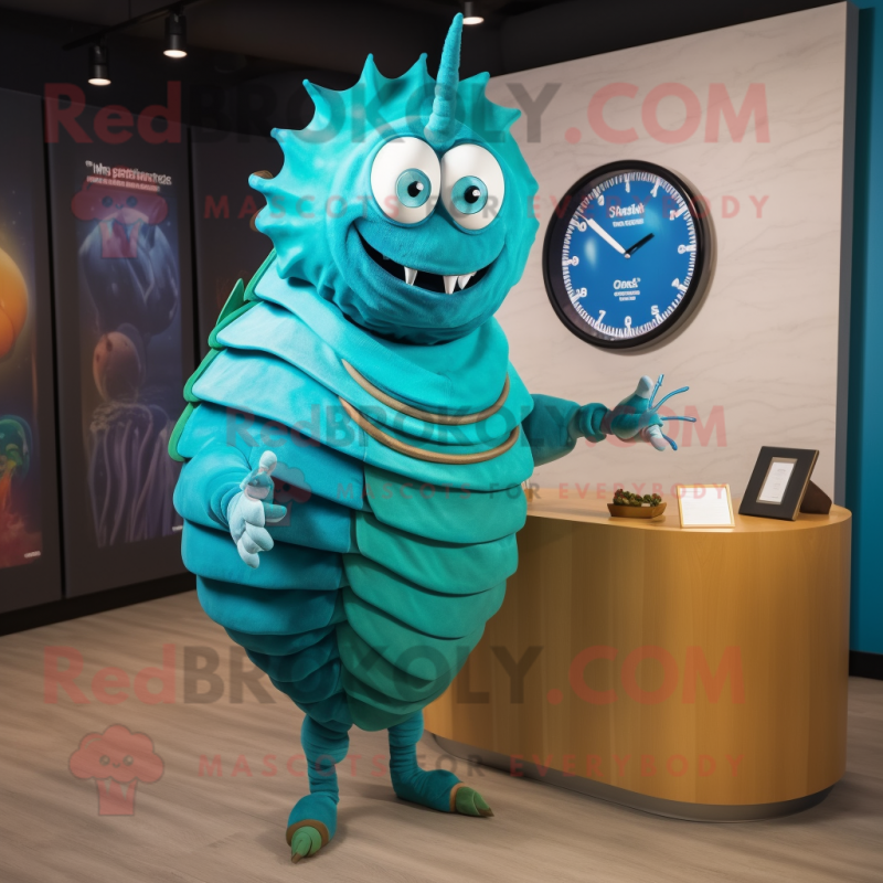 Turquoise Trilobite mascot costume character dressed with a A-Line Skirt and Digital watches