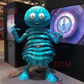 Turquoise Trilobite mascot costume character dressed with a A-Line Skirt and Digital watches