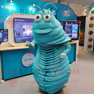 Turquoise Trilobite mascot costume character dressed with a A-Line Skirt and Digital watches