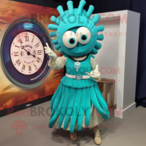 Turquoise Trilobite mascot costume character dressed with a A-Line Skirt and Digital watches
