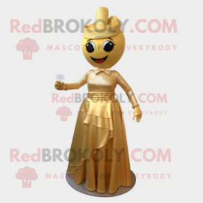 Gold Wedding Cake mascot costume character dressed with a Evening Gown and Tie pins