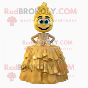 Gold Wedding Cake mascot costume character dressed with a Evening Gown and Tie pins