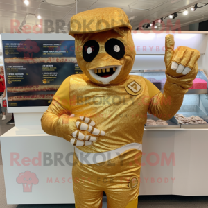 Gold Lasagna mascot costume character dressed with a Rash Guard and Gloves