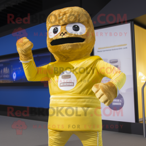 Gold Lasagna mascot costume character dressed with a Rash Guard and Gloves