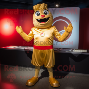 Gold Lasagna mascot costume character dressed with a Rash Guard and Gloves