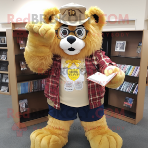 Gold Tamer Lion mascot costume character dressed with a Flannel Shirt and Reading glasses