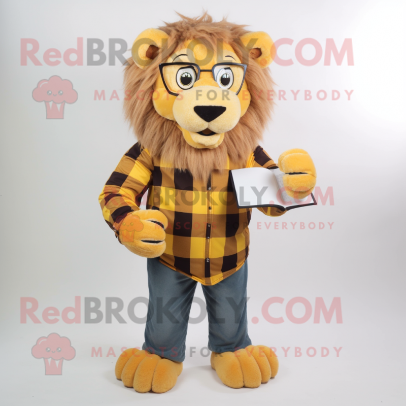 Gold Tamer Lion mascot costume character dressed with a Flannel Shirt and Reading glasses